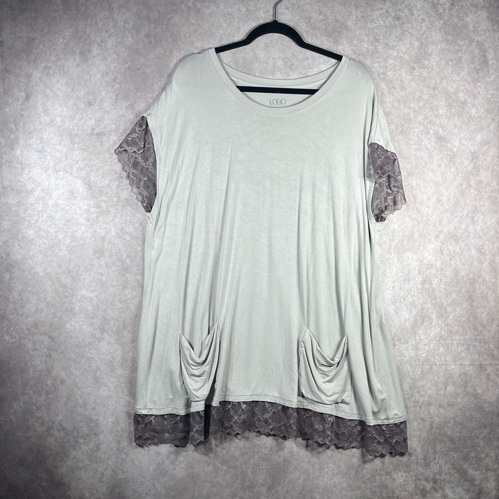 LOGO Lori Goldstein Top Womens Size 2X Gray Lace Trim Tunic Short Sleeves Boho